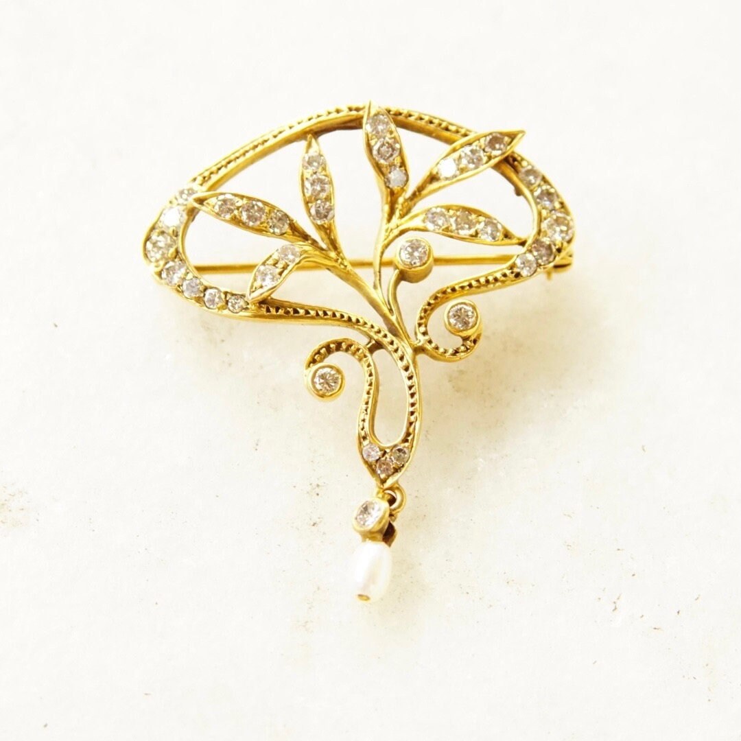 Antique 14K Gold Diamond & Pearl Pendant/Brooch, Brilliant Diamond Encrusted Pin, Ornate Floral Motifs, Pearl Seed Tassel,1 5/8" L