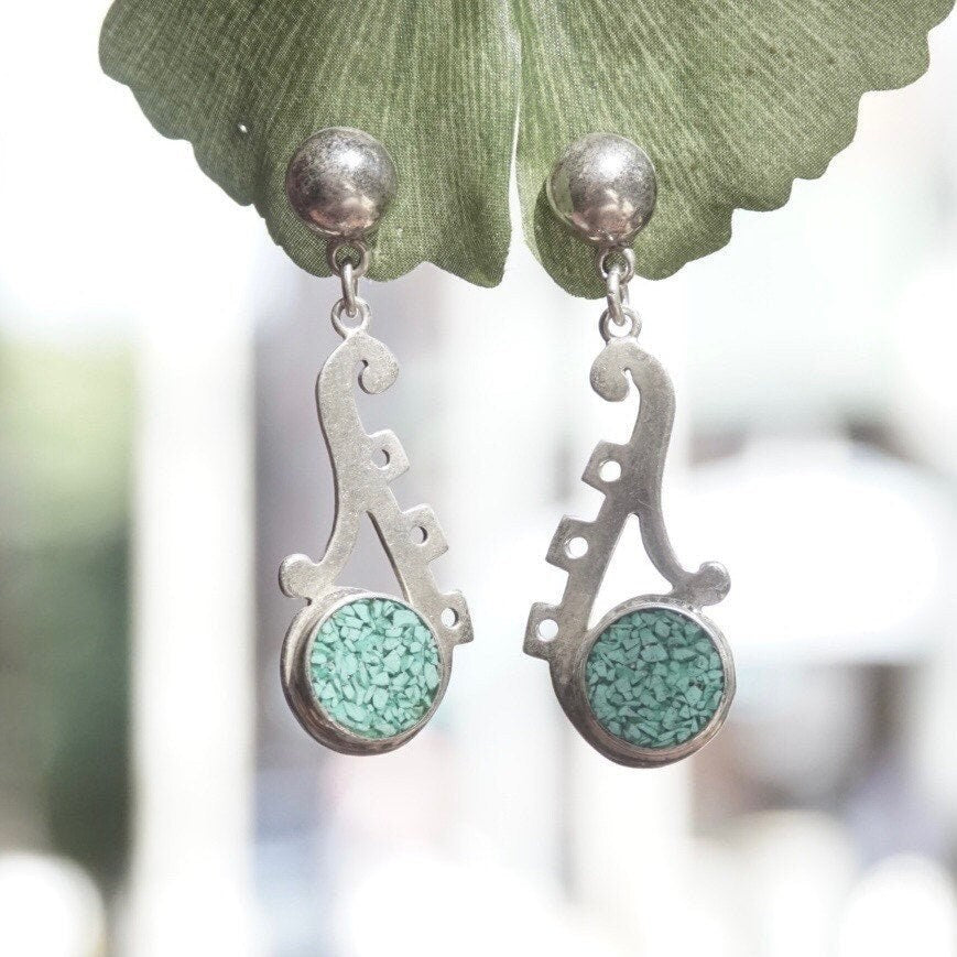 Vintage TAXCO Sterling Silver Mosaic Turquoise Inlay Dangle Earrings, Abstract Cutout Earrings, Light Blue Turquoise, TC-216 Mexico 925