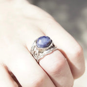 Vintage Sterling Silver Faceted Sodalite Ring, Hammered Silver Cut Out Ring With Swirl Design, Signed Israel 925, Size 7 1/4 US