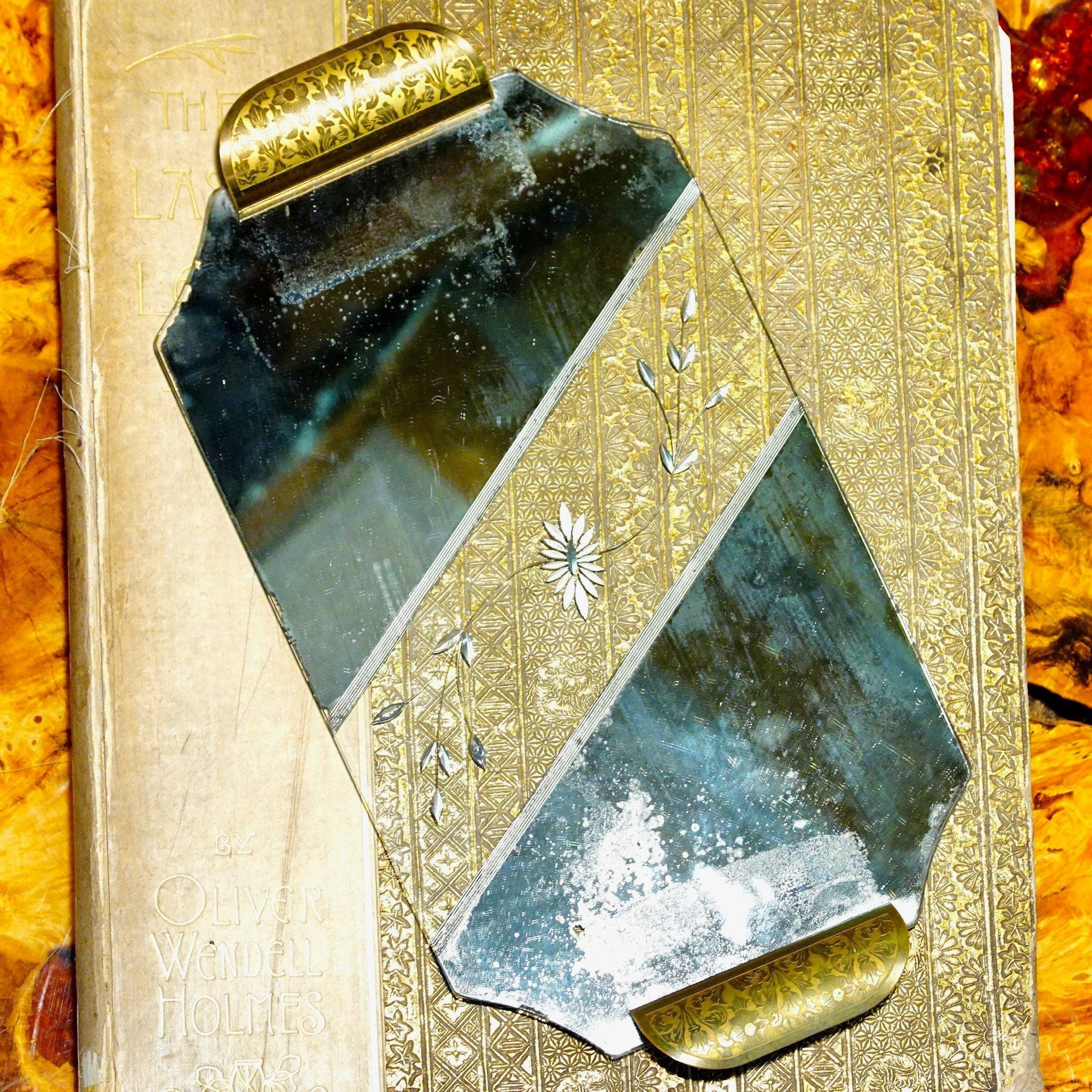 Antique Art Deco Frameless Mirrored & Clear Glass Serving Tray, Ornate Gilt Handle, Cut Glass Floral Design, 13 3/4" L x 7" W