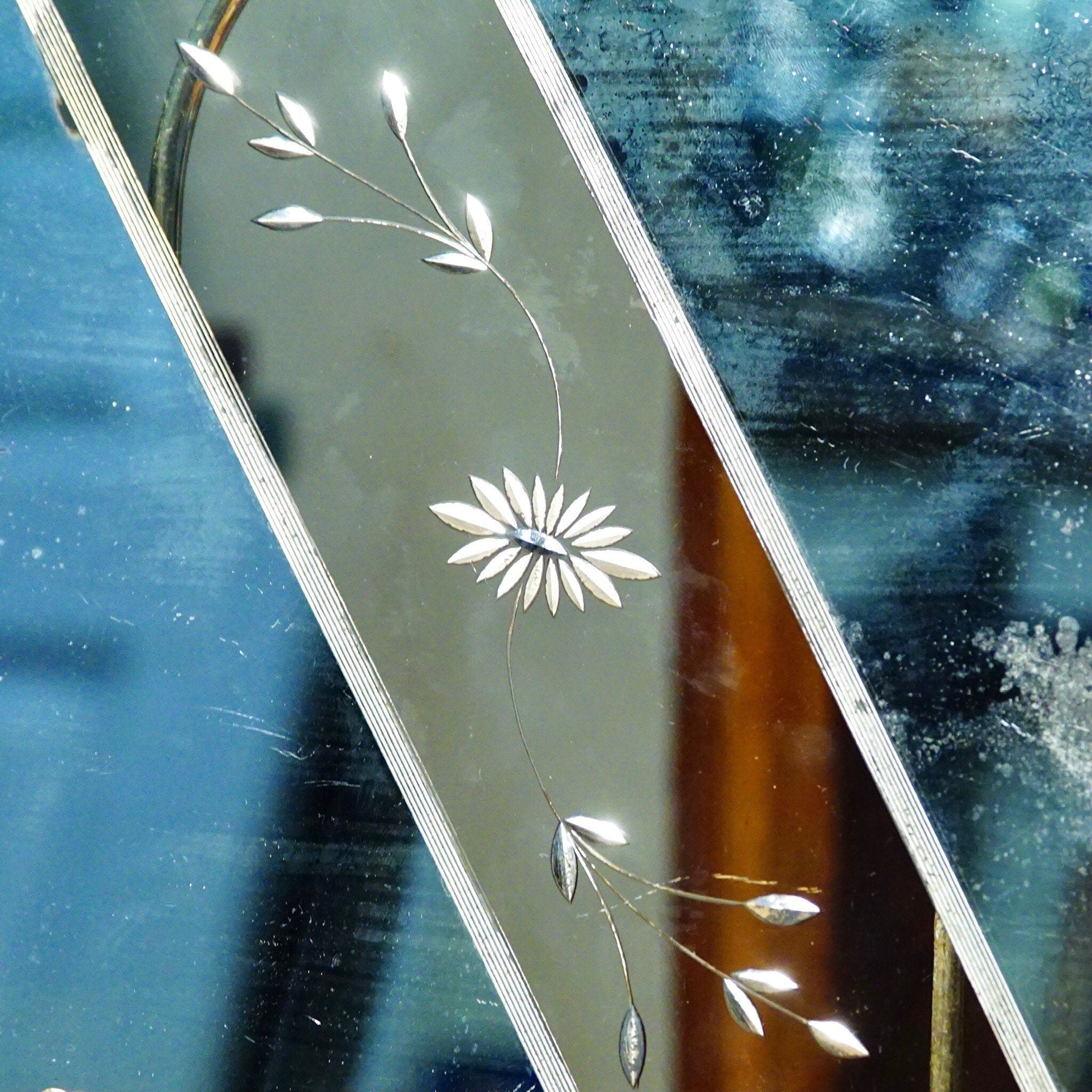 Antique Art Deco Frameless Mirrored & Clear Glass Serving Tray, Ornate Gilt Handle, Cut Glass Floral Design, 13 3/4" L x 7" W