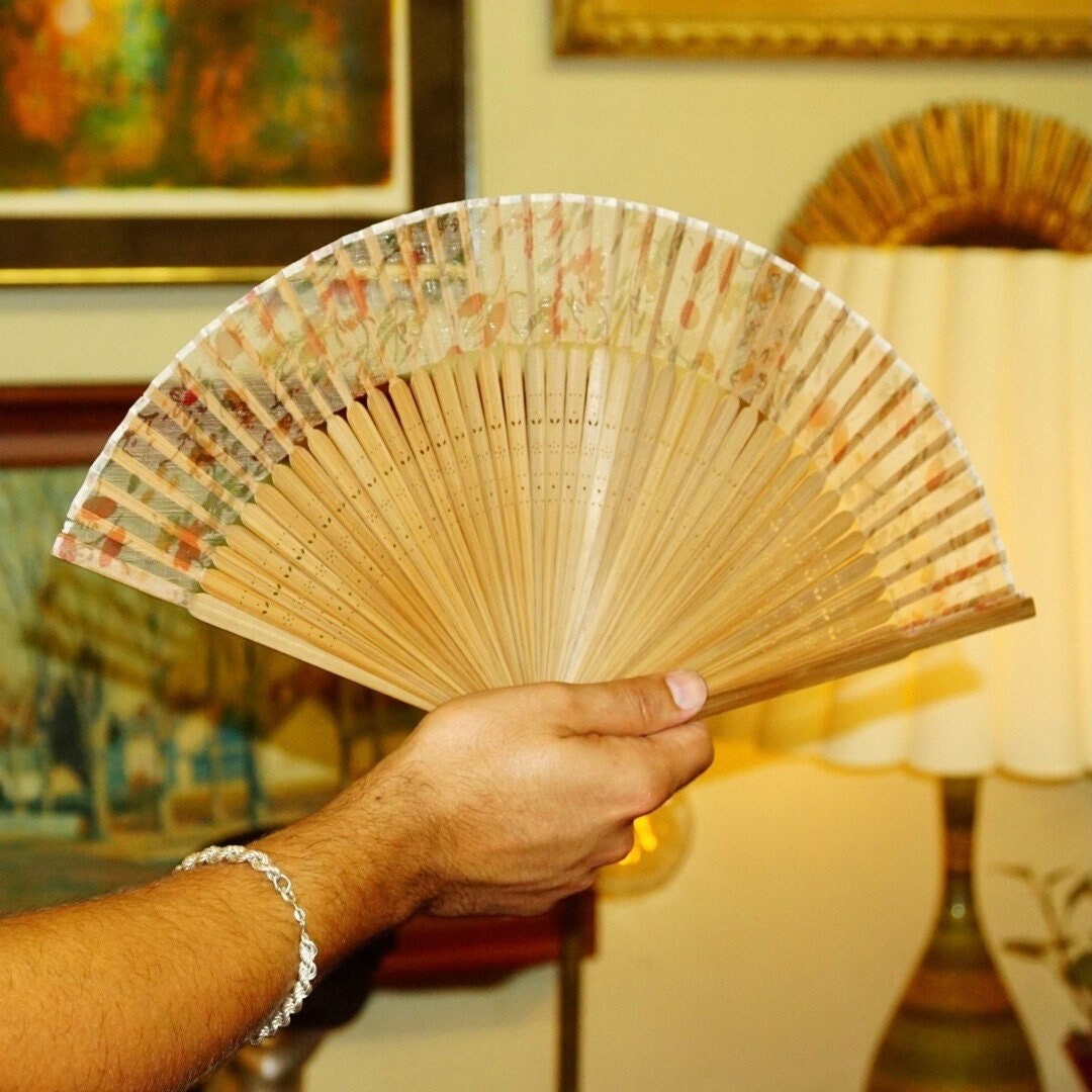 Antique Chinese Hand Made Silkscreen Fan & Decorative Wooden Case, Translucent Silk Leaves With Floral Pattern, Hand Painted Bird Box Design
