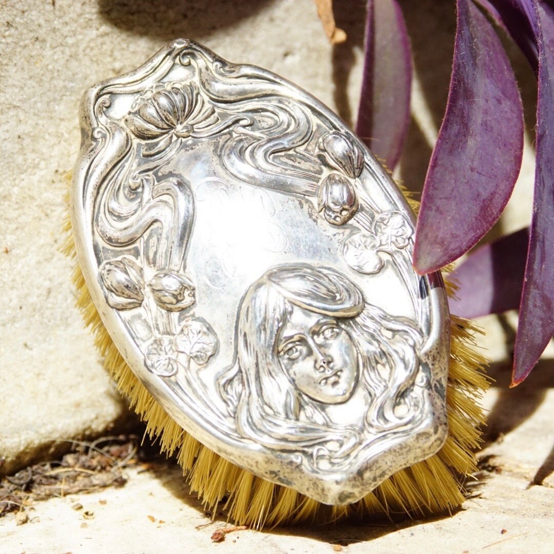 Antique Art Nouveau Sterling Silver Repousse Grooming Brush, Embossed Girls Face With Floral Designs & Engraved Initials, Sterling 1541 M