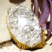 Antique Art Nouveau Sterling Silver Repousse Grooming Brush, Embossed Girls Face With Floral Designs & Engraved Initials, Sterling 1541 M