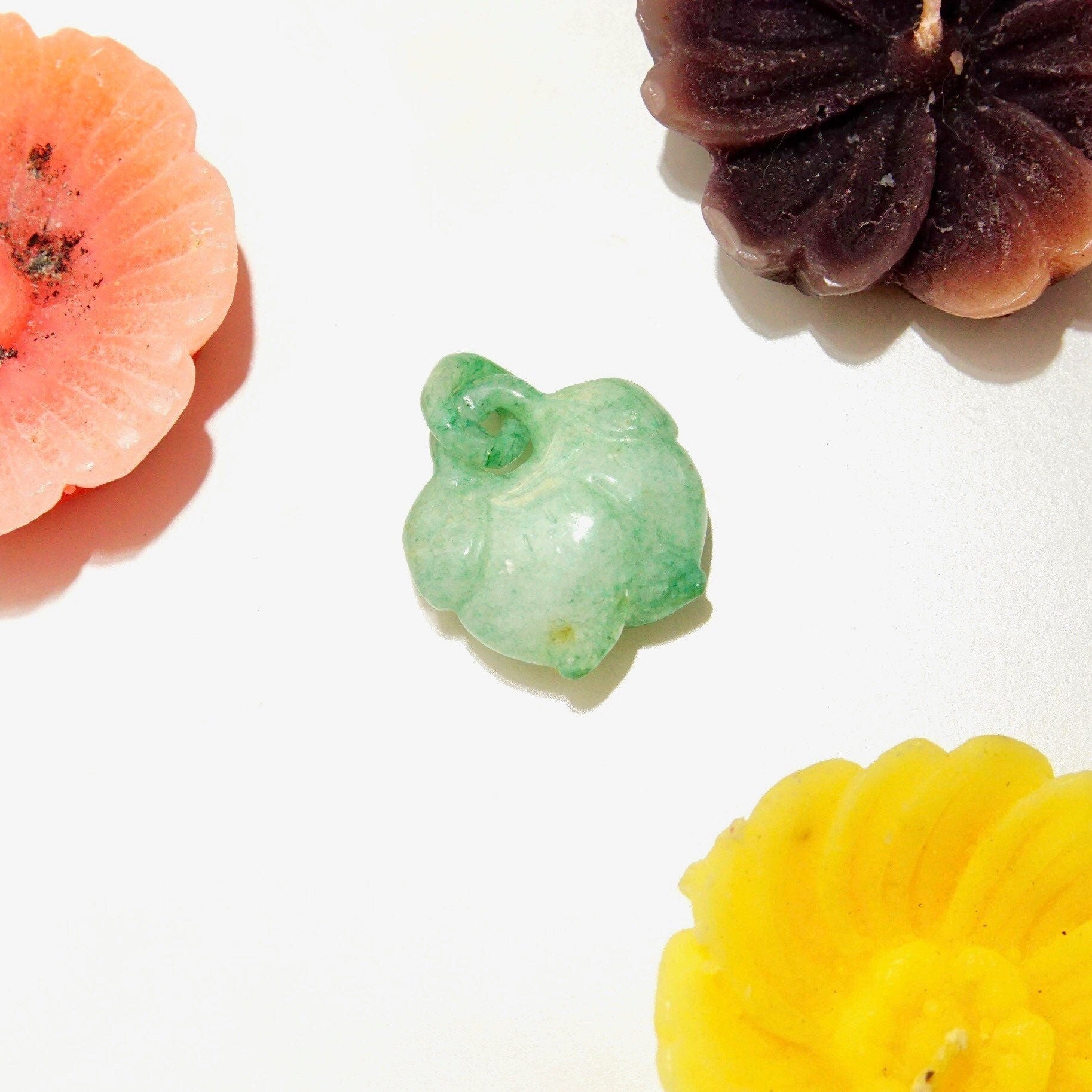 Antique Chinese Hand-Carved Nephrite Jade Fruit Pendant & Carved Jade Loop, Dangling Lychee Fruit Pendant, Cloudy Green Jade Stone, 1 1/4" L
