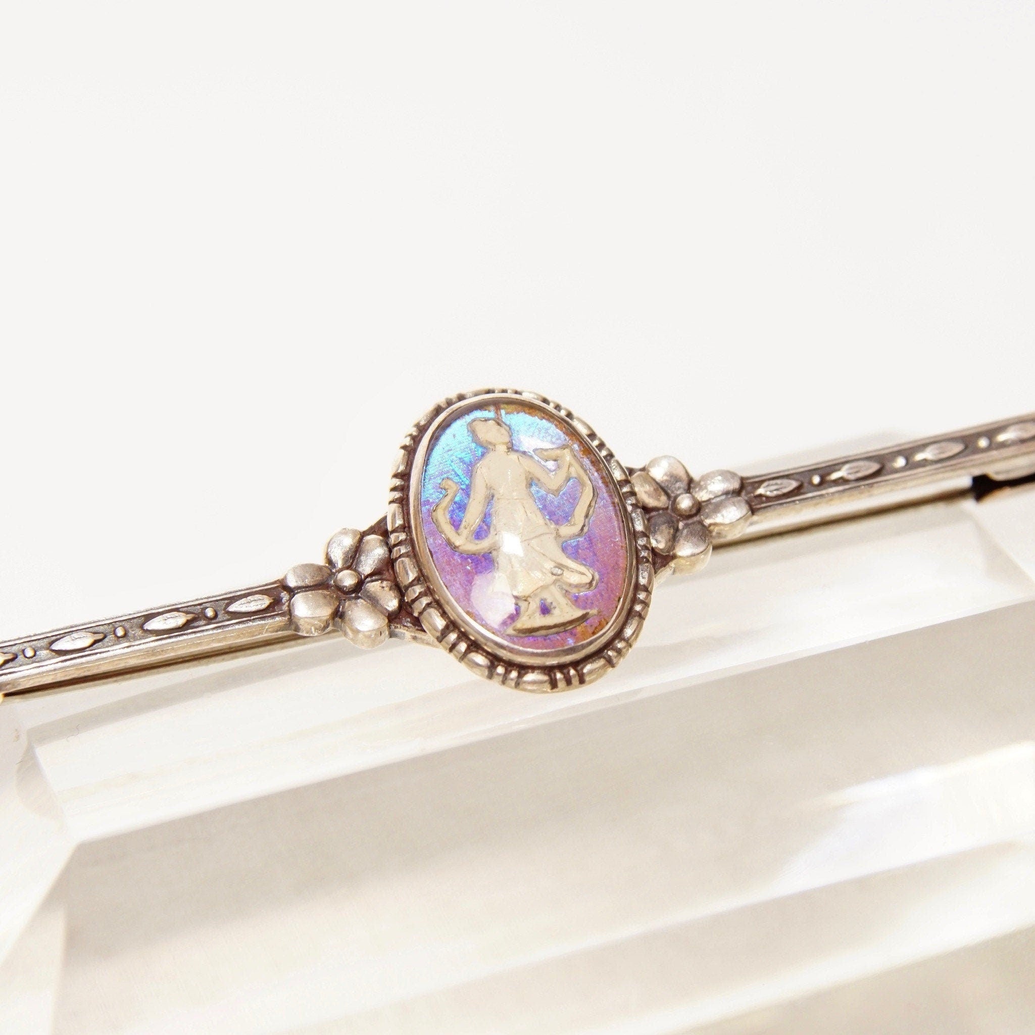 Antique Art Deco Sterling Silver England Sulphide Butterfly Wing Cameo Bar Pin, Small Figural, Floral Details, Engraved Accents, 1 3/8" L