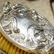 Antique Art Nouveau Sterling Silver Repousse Grooming Brush, Embossed Girls Face With Floral Designs & Engraved Initials, Sterling 1541 M