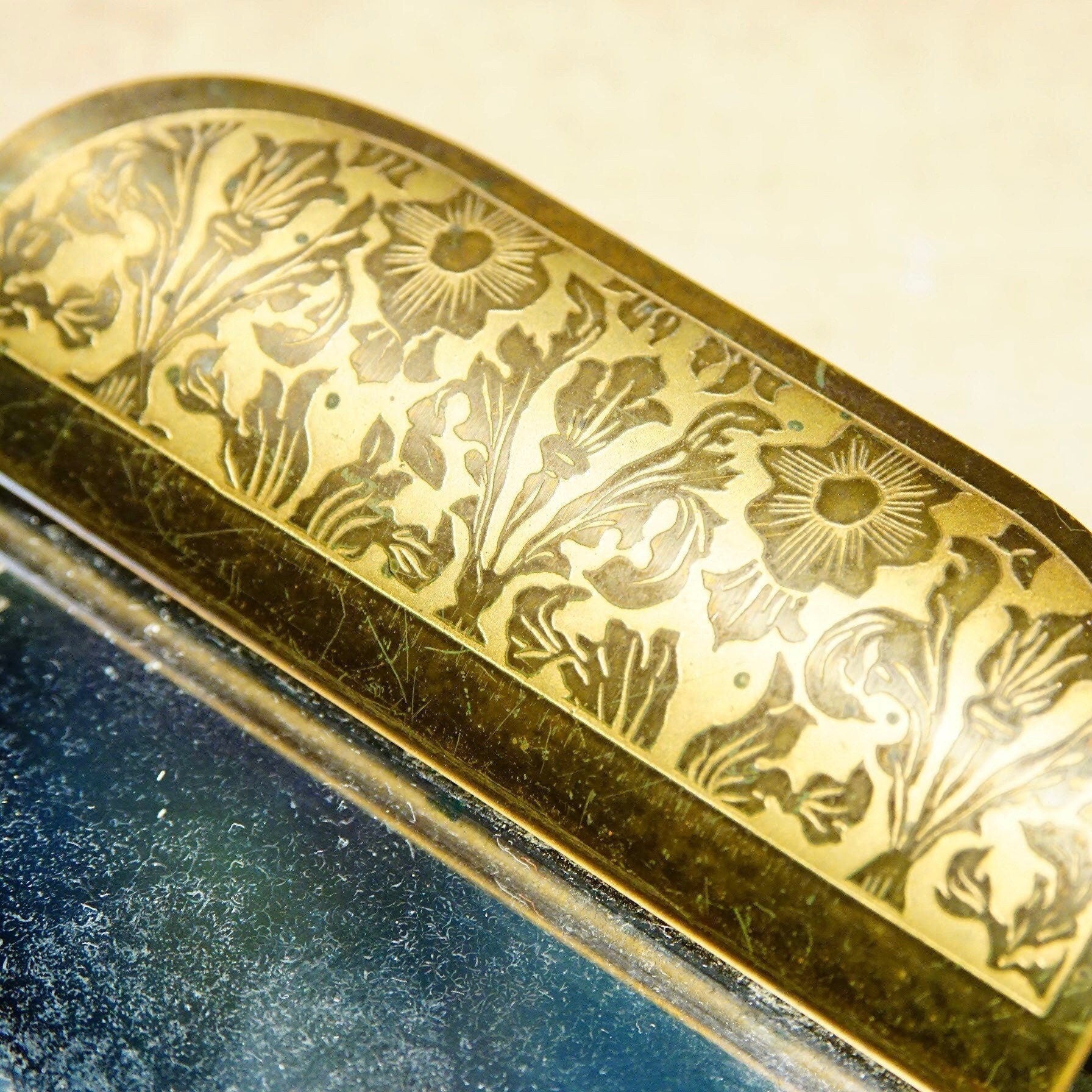 Antique Art Deco Frameless Mirrored & Clear Glass Serving Tray, Ornate Gilt Handle, Cut Glass Floral Design, 13 3/4" L x 7" W