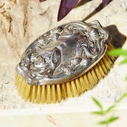 Antique Art Nouveau Sterling Silver Repousse Grooming Brush, Embossed Girls Face With Floral Designs & Engraved Initials, Sterling 1541 M