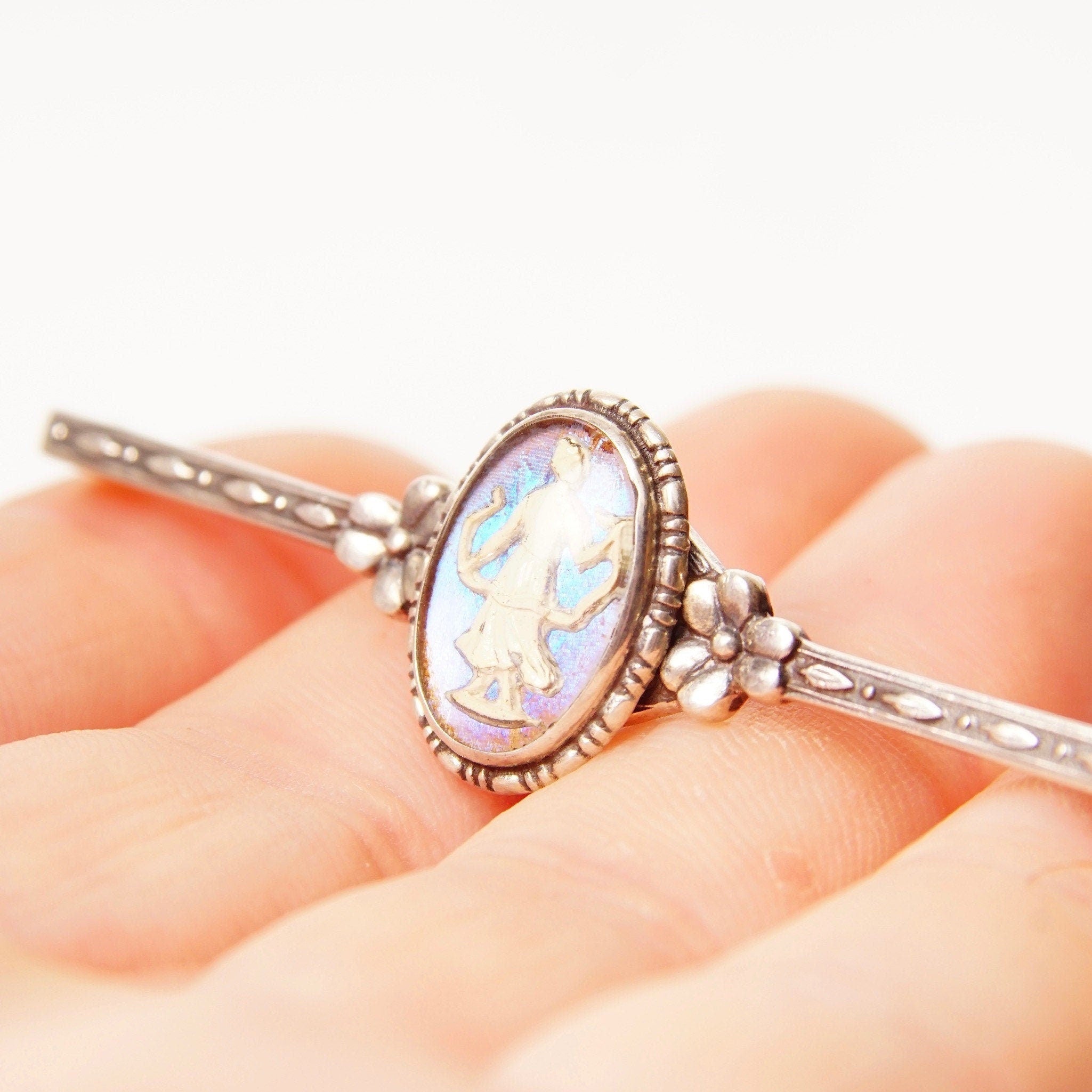 Antique Art Deco Sterling Silver England Sulphide Butterfly Wing Cameo Bar Pin, Small Figural, Floral Details, Engraved Accents, 1 3/8" L