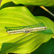 Antique Art Deco 14K White Gold Filigree & Sapphire Bar Pin, Floral Motifs, Faceted Square Gemstone, Ornate Gold Filigree Brooch, 2 1/2" L