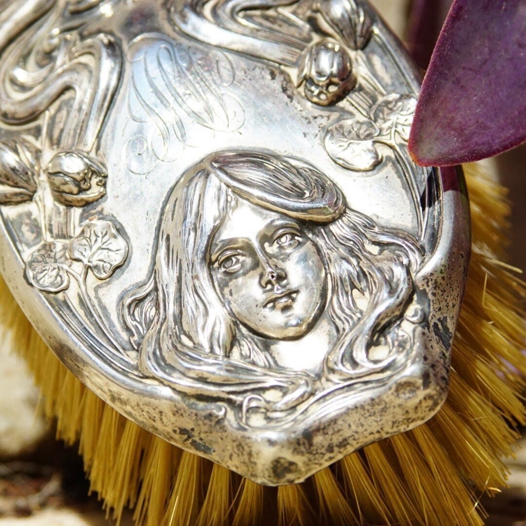 Antique Art Nouveau Sterling Silver Repousse Grooming Brush, Embossed Girls Face With Floral Designs & Engraved Initials, Sterling 1541 M