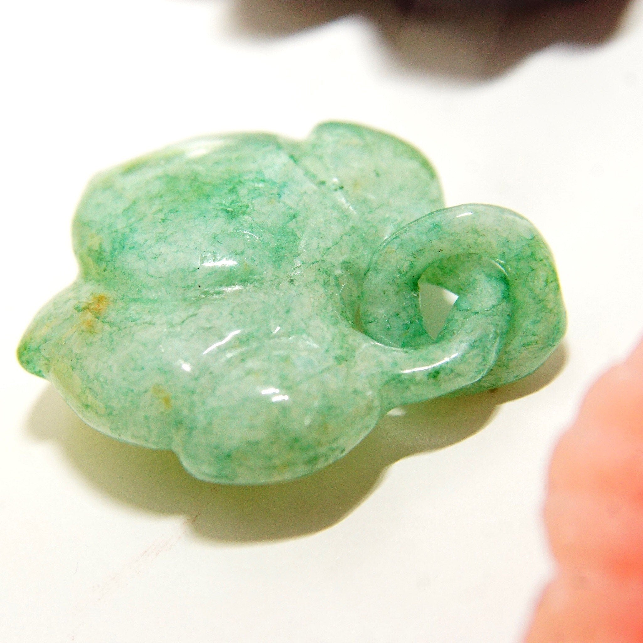 Antique Chinese Hand-Carved Nephrite Jade Fruit Pendant & Carved Jade Loop, Dangling Lychee Fruit Pendant, Cloudy Green Jade Stone, 1 1/4" L