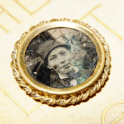 Antique Gold Filled Photo Portrait Brooch Pin, Victorian Mourning Jewelry, Black & White Photo Of A Man, Woven Gold Frame, 1 1/4"