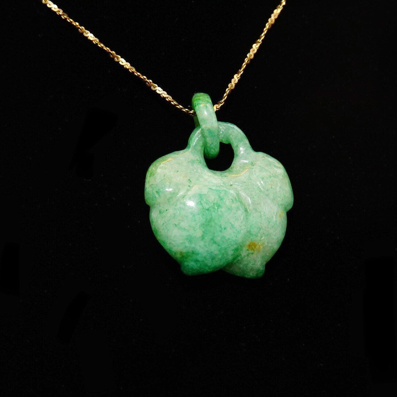 Antique Chinese Hand-Carved Nephrite Jade Fruit Pendant & Carved Jade Loop, Dangling Lychee Fruit Pendant, Cloudy Green Jade Stone, 1 1/4" L