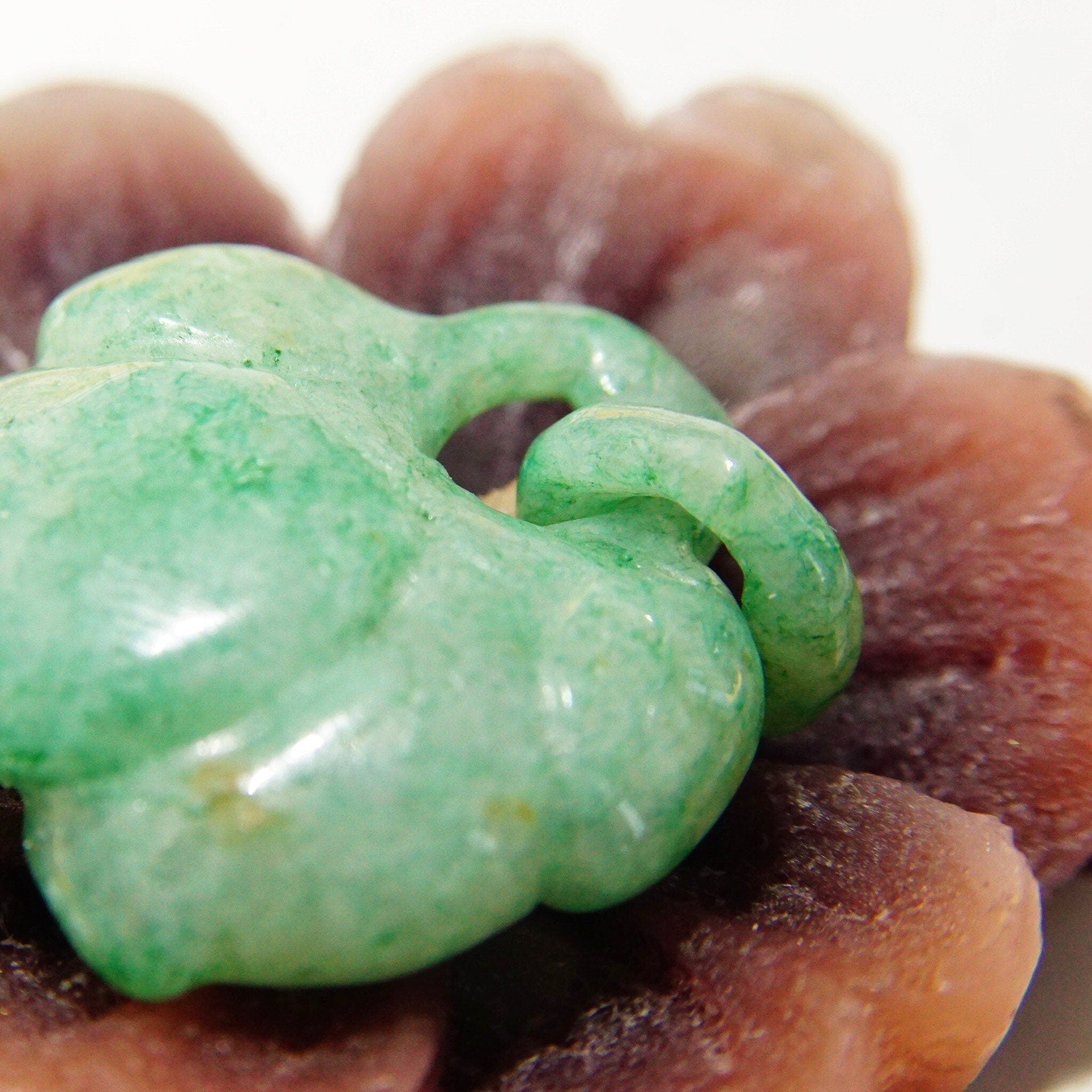 Antique Chinese Hand-Carved Nephrite Jade Fruit Pendant & Carved Jade Loop, Dangling Lychee Fruit Pendant, Cloudy Green Jade Stone, 1 1/4" L
