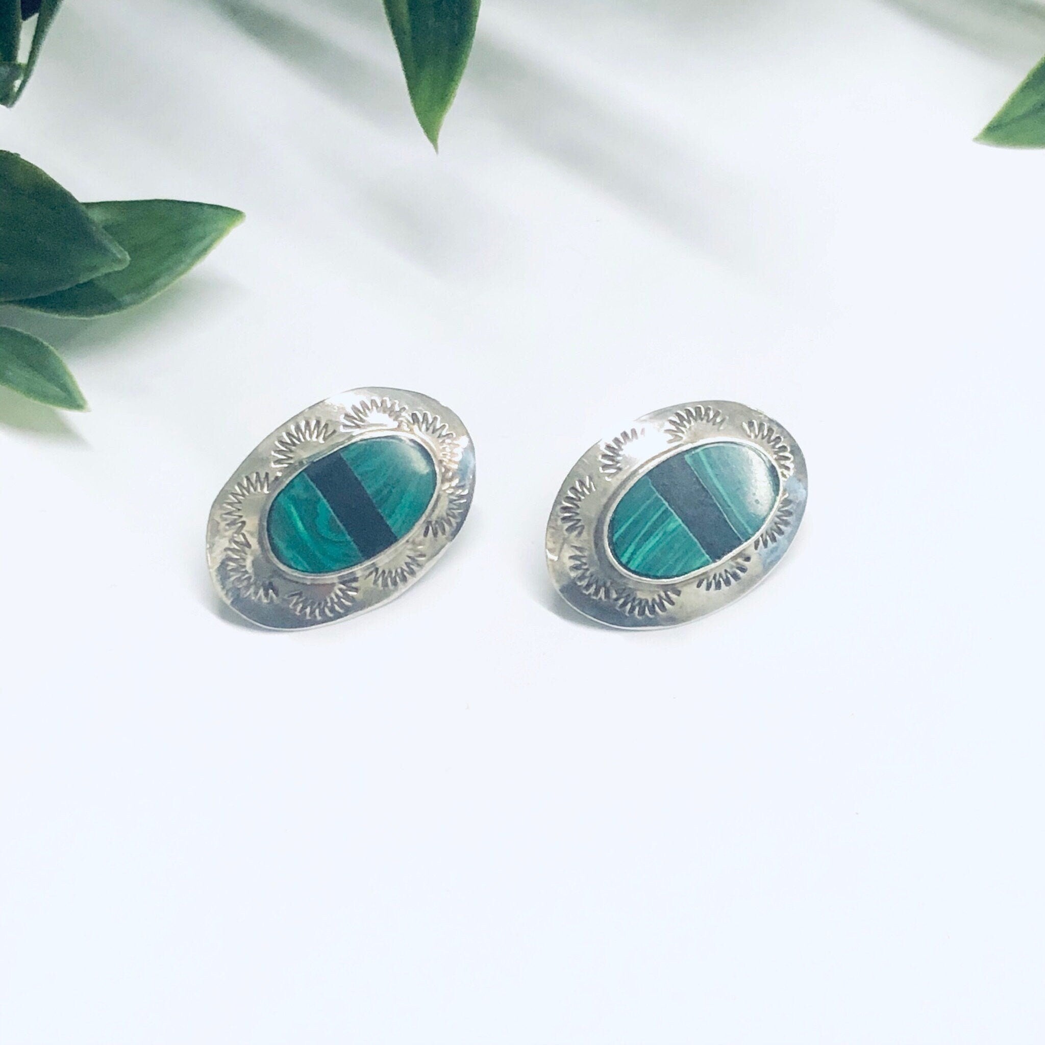 Malachite and Silver Earrings, Onyx Earrings, Post Earrings, Onyx and Malachite Earrings, Pierced Ears, Vintage Earrings
