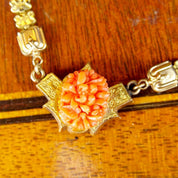 Victorian Gold Tone Carved Coral Pendant Necklace, Mourning Jewelry, Ornate Gold Chain, Unique Pendant, Slide Lock, 19 1/2" L