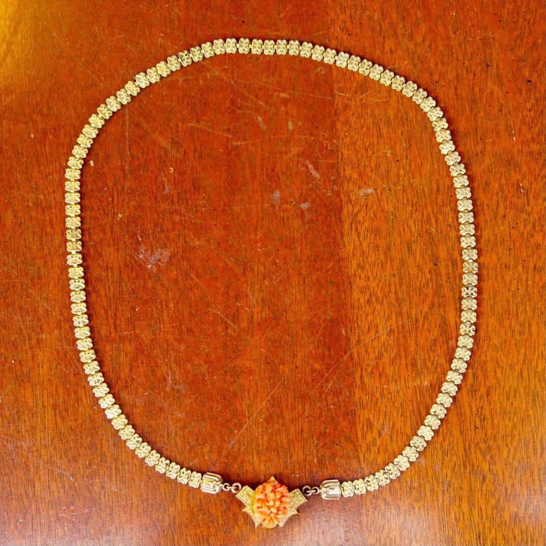 Victorian Gold Tone Carved Coral Pendant Necklace, Mourning Jewelry, Ornate Gold Chain, Unique Pendant, Slide Lock, 19 1/2" L