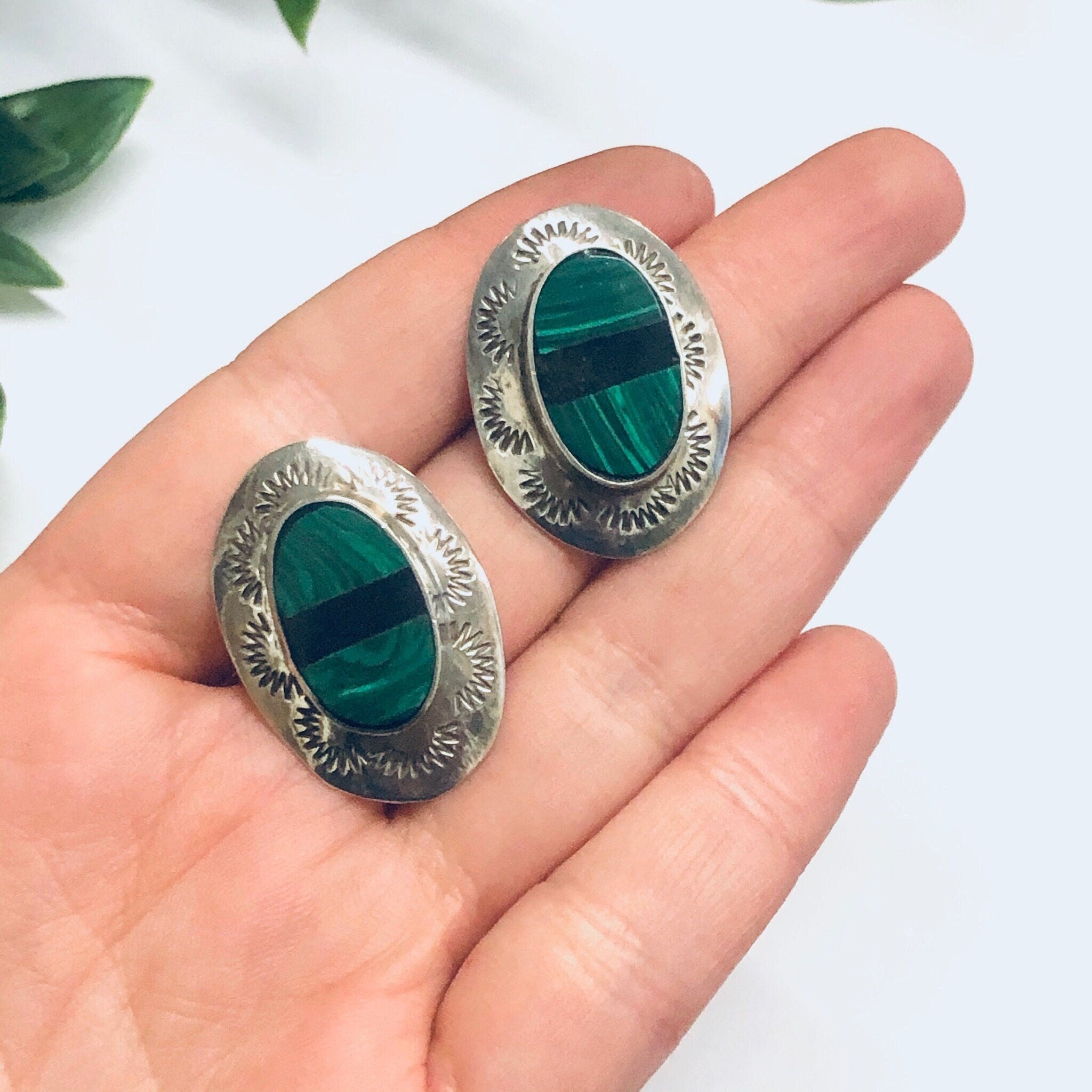Malachite and Silver Earrings, Onyx Earrings, Post Earrings, Onyx and Malachite Earrings, Pierced Ears, Vintage Earrings