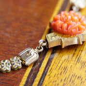 Victorian Gold Tone Carved Coral Pendant Necklace, Mourning Jewelry, Ornate Gold Chain, Unique Pendant, Slide Lock, 19 1/2" L