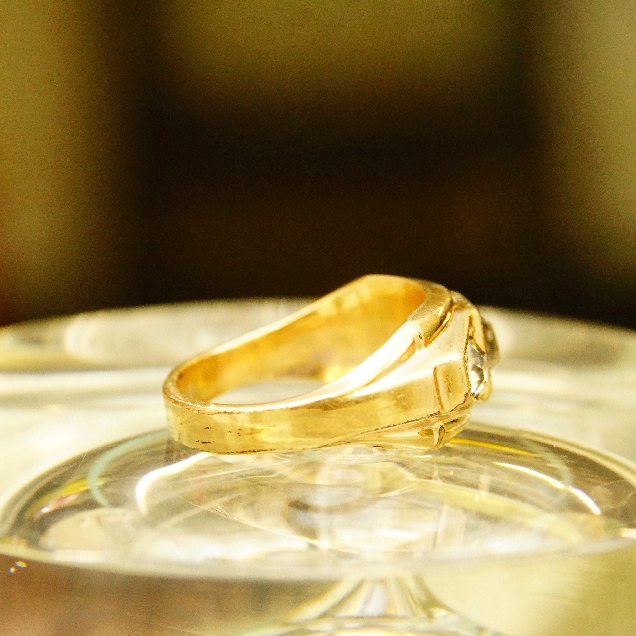Vintage 12KT GF Three-Diamond Signet Ring, Simulated Diamonds, Yellow Gold Saddle Ring, Art Deco Style, Size 10 1/2 US