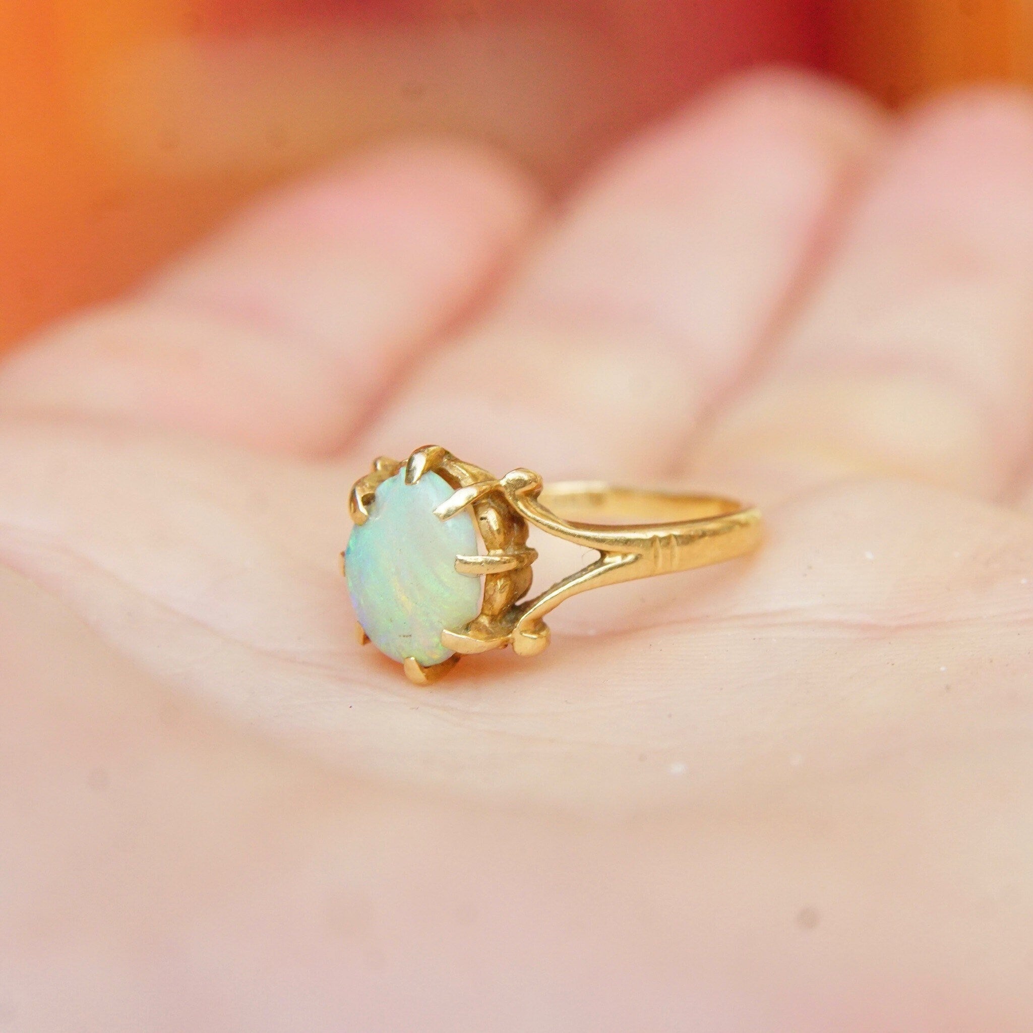 Vintage 14K Bonded Gold Opal Cabochon Ring, Iridescent Opal Gemstone, Elegant Yellow Gold Ring, 585 Jewelry, Size 4 3/4 US