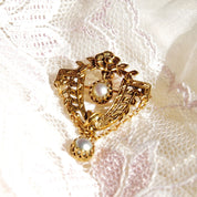 Vintage 14K Gold Akoya Pearl Floral Crest Lavaliere Pin, Embellished Gold Wreath Brooch, Crown Bezel Cup Setting, Art Nouveau, 1 1/2" L