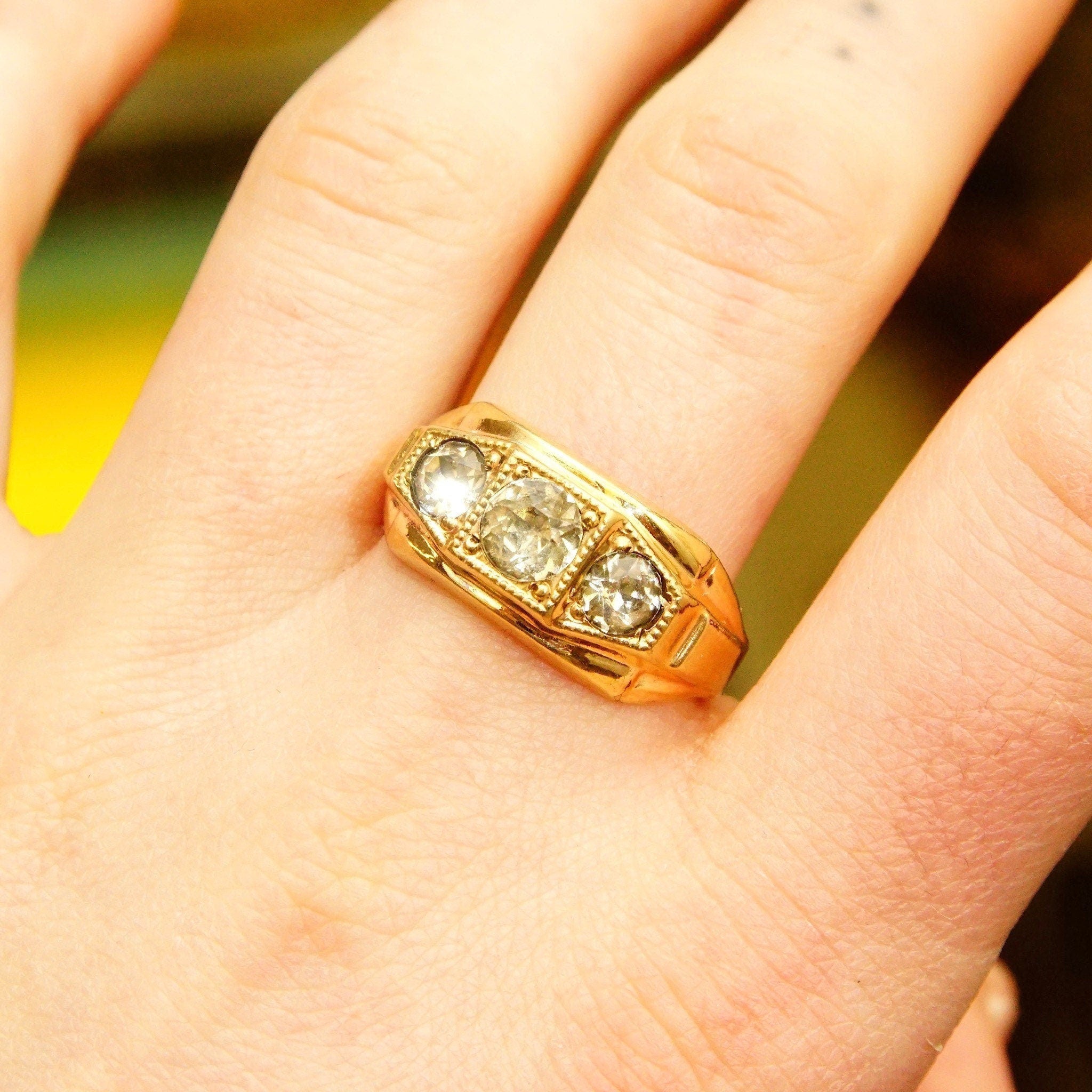 Vintage 12KT GF Three-Diamond Signet Ring, Simulated Diamonds, Yellow Gold Saddle Ring, Art Deco Style, Size 10 1/2 US