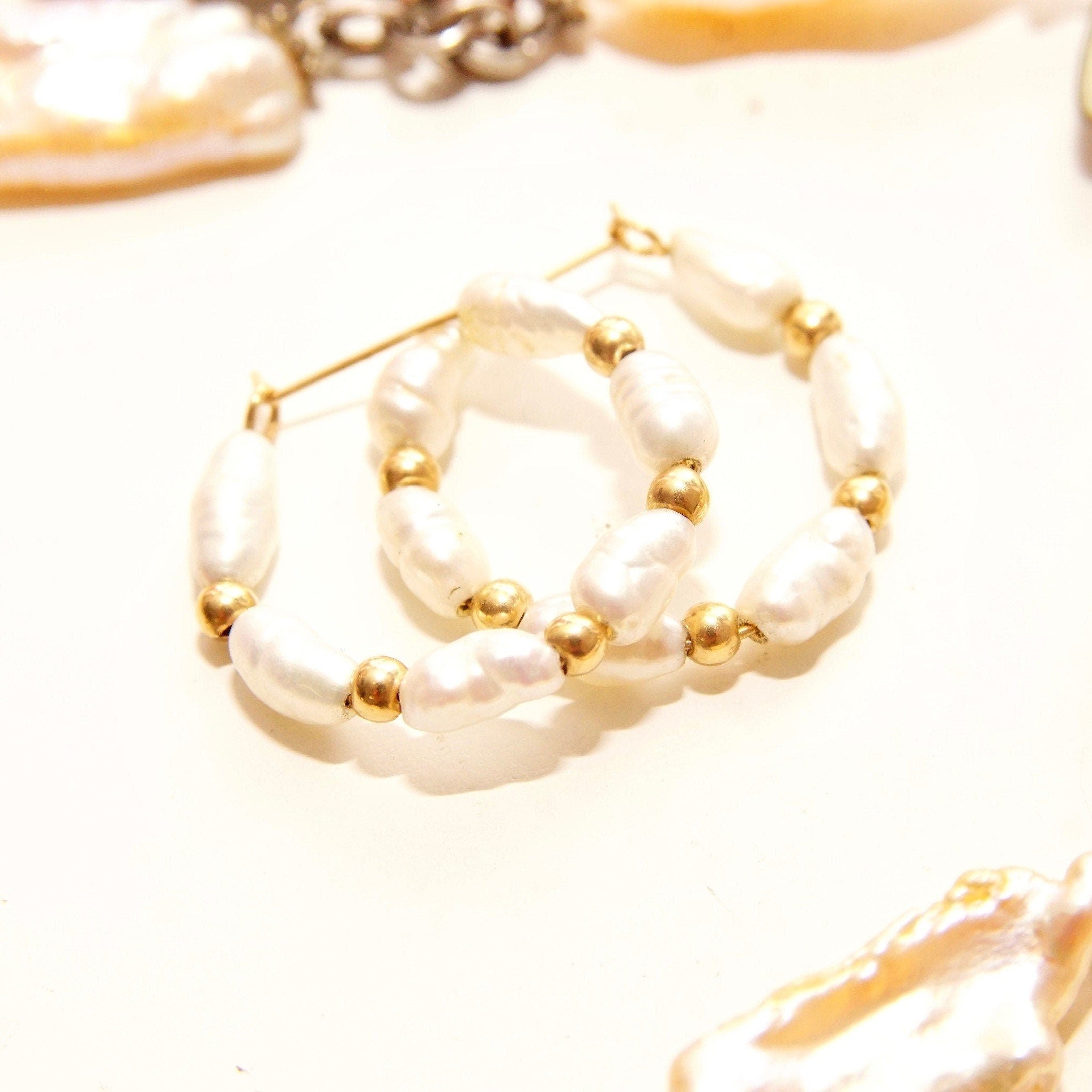 Vintage 14K Gold Baroque Pearl Hoop Earrings, Small Cute Pearl Huggie Hoops, Accents Gold Beads, 22mm
