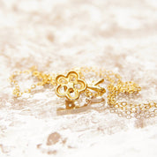 Vintage 14K Diamond Accent Solitaire Flower Pendant Necklace, Gold Flower Halo Charm, WG Setting, Dainty Gold Cable Chain, 16 3/8" L