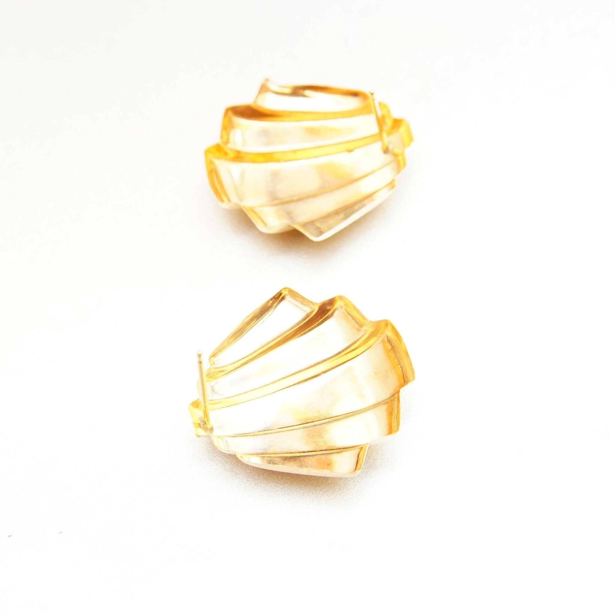 Vintage 14K Gold Art Deco Stud Earrings, Scalloped Yellow Gold Earrings, Raised/Tiered Design, Miami Art Deco, Polished 585 Studs, 21mm