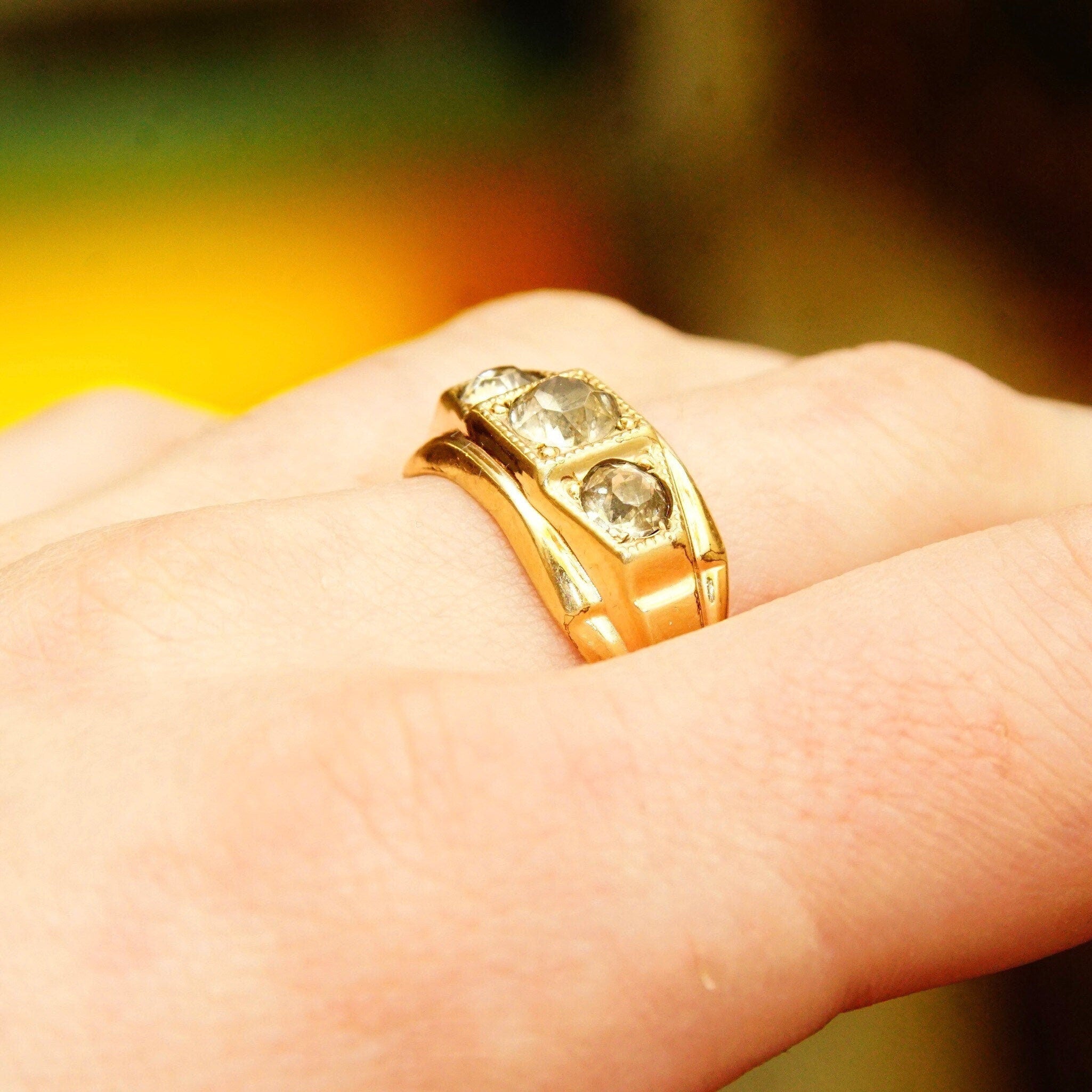 Vintage 12KT GF Three-Diamond Signet Ring, Simulated Diamonds, Yellow Gold Saddle Ring, Art Deco Style, Size 10 1/2 US