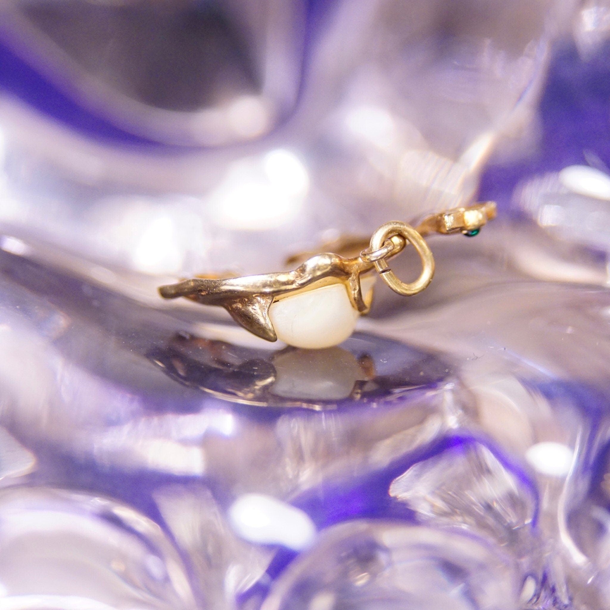 Vintage 14K Gold & Baroque Pearl Camel Charm/Pendant, Petite Gold Camel Charm, Emerald Green Eyes, Prong Set Pearl, 3/4