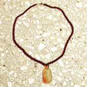 Vintage 14K Gold Carved Orange/White Jade Garnet Bead Pendant Necklace, Dark Purple Garnet Beads, 14K Filigree Clasp & Pendant Bail, 19" L