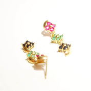Vintage 14K Gold Jeweled Flower Pierced Dangle Earrings, Faceted Pink Green & Blue Stones, Tiered Yellow Prong Settings, Cute Earrings, 30mm
