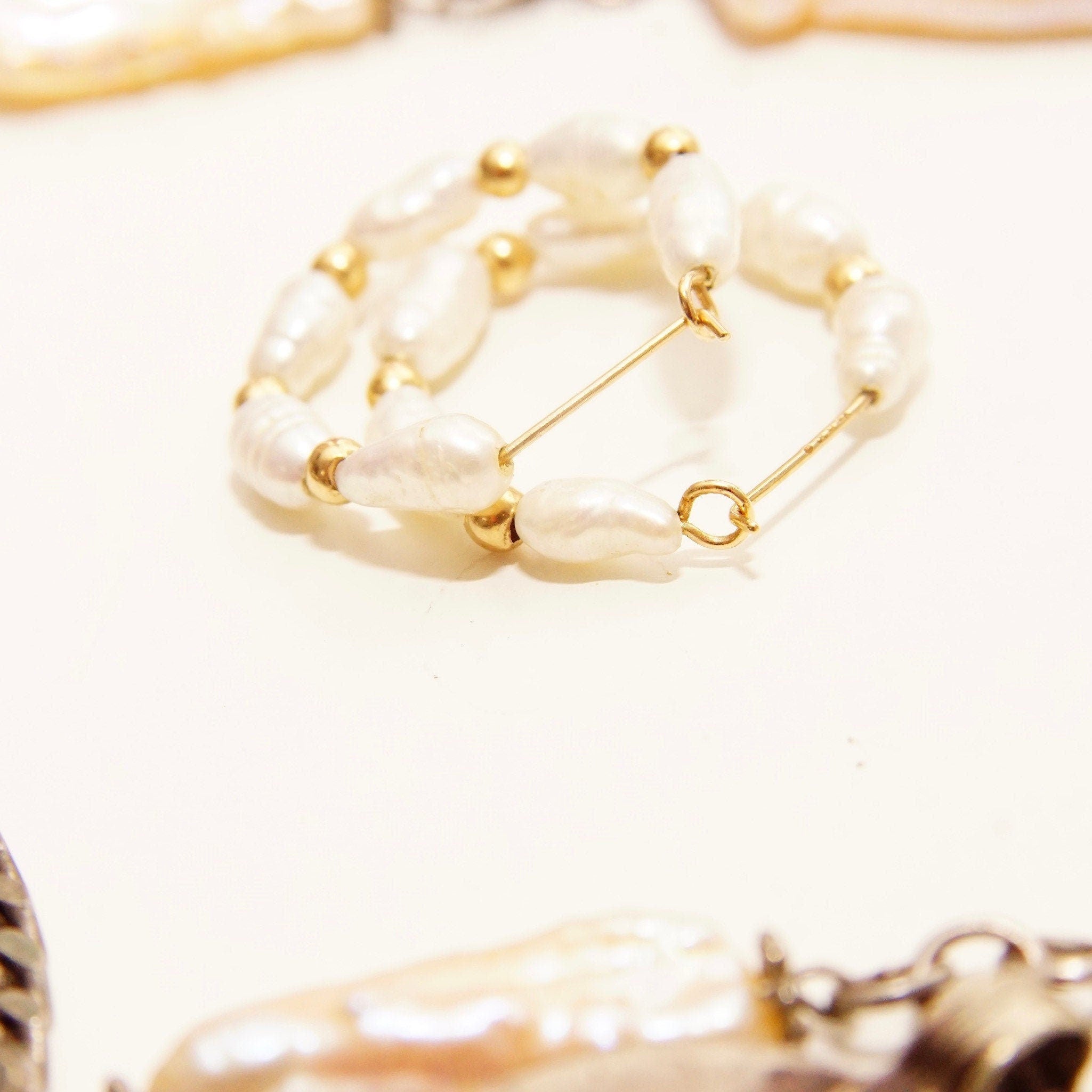 Vintage 14K Gold Baroque Pearl Hoop Earrings, Small Cute Pearl Huggie Hoops, Accents Gold Beads, 22mm