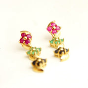 Vintage 14K Gold Jeweled Flower Pierced Dangle Earrings, Faceted Pink Green & Blue Stones, Tiered Yellow Prong Settings, Cute Earrings, 30mm