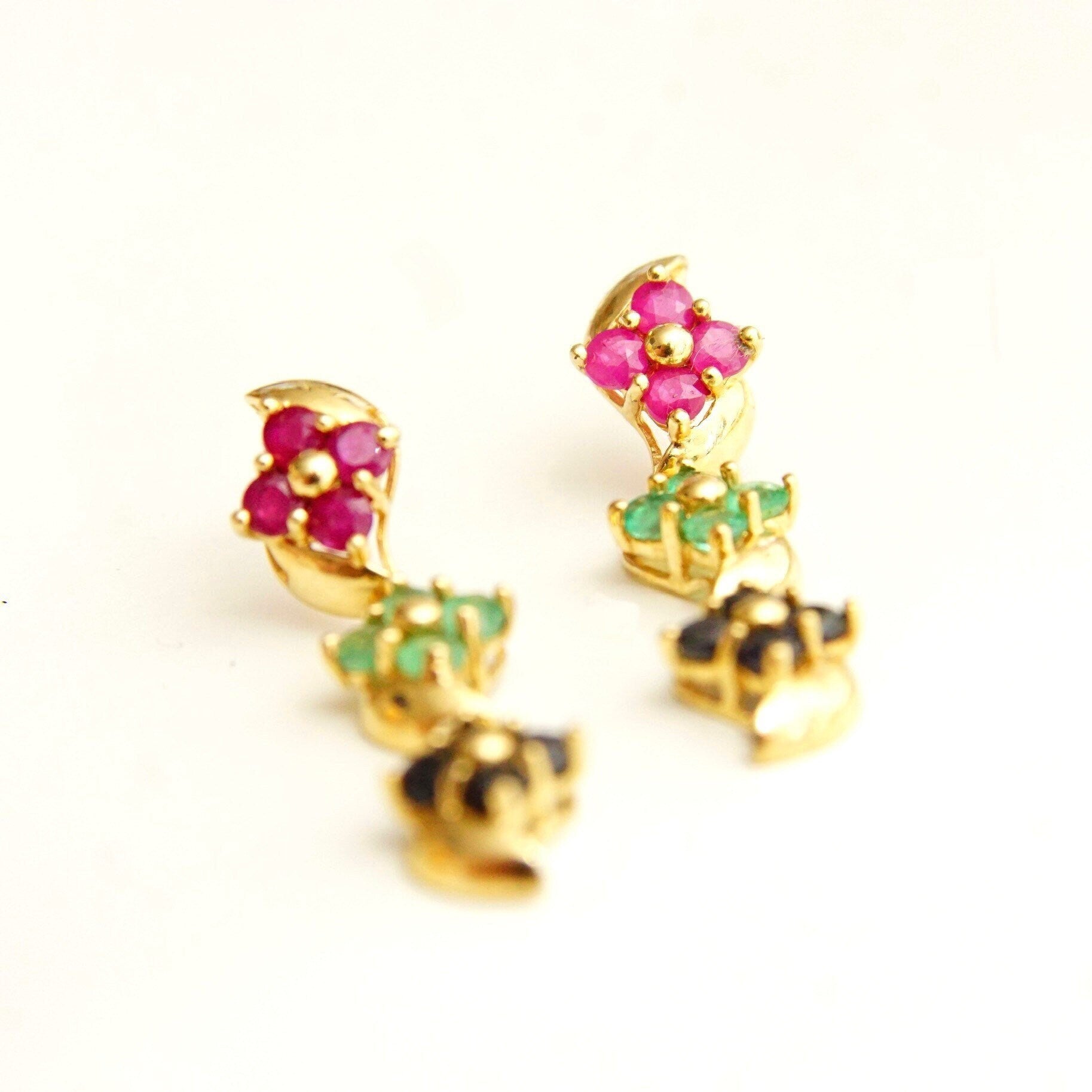 Vintage 14K Gold Jeweled Flower Pierced Dangle Earrings, Faceted Pink Green & Blue Stones, Tiered Yellow Prong Settings, Cute Earrings, 30mm