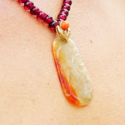 Vintage 14K Gold Carved Orange/White Jade Garnet Bead Pendant Necklace, Dark Purple Garnet Beads, 14K Filigree Clasp & Pendant Bail, 19" L