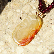 Vintage 14K Gold Carved Orange/White Jade Garnet Bead Pendant Necklace, Dark Purple Garnet Beads, 14K Filigree Clasp & Pendant Bail, 19" L