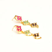 Vintage 14K Gold Jeweled Flower Pierced Dangle Earrings, Faceted Pink Green & Blue Stones, Tiered Yellow Prong Settings, Cute Earrings, 30mm