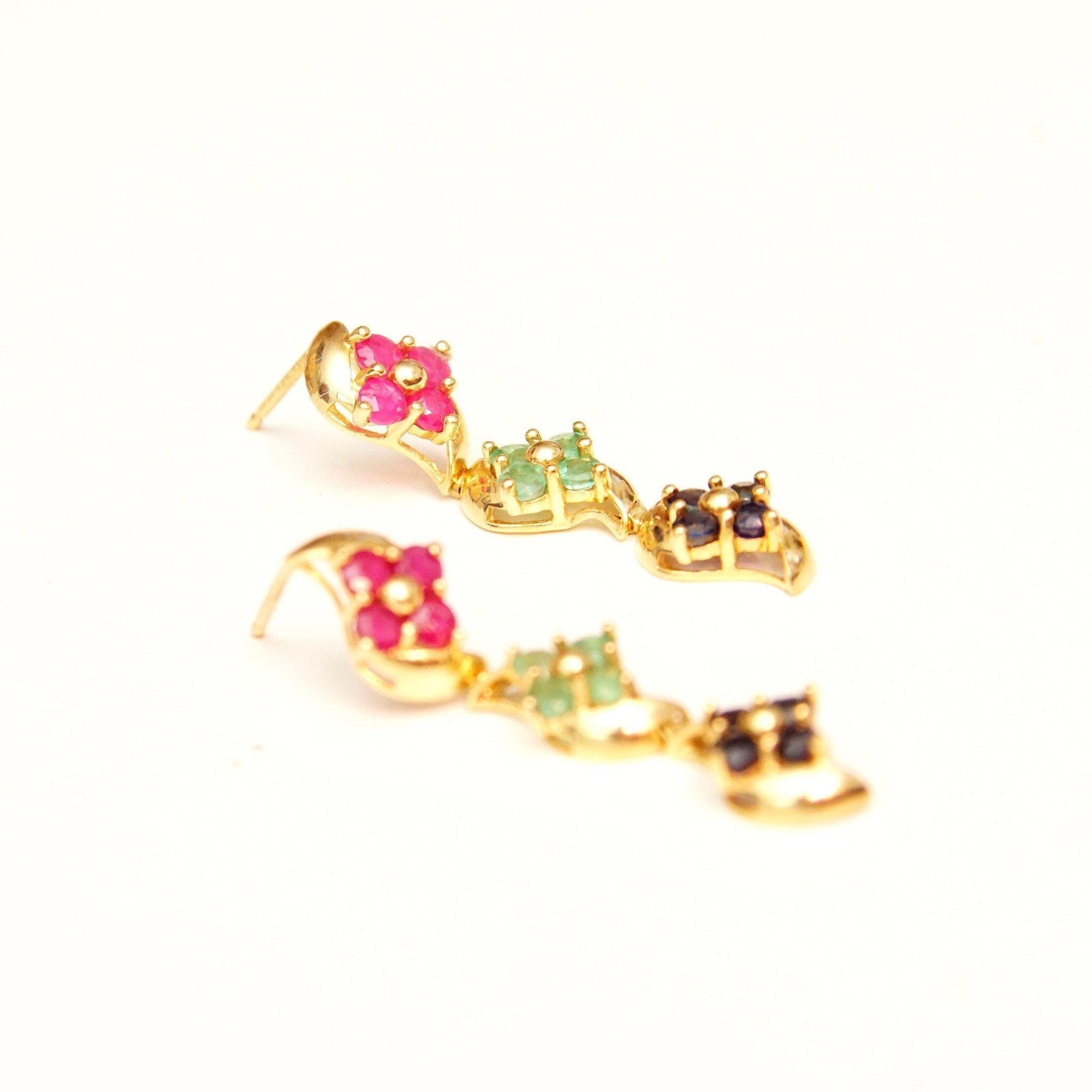 Vintage 14K Gold Jeweled Flower Pierced Dangle Earrings, Faceted Pink Green & Blue Stones, Tiered Yellow Prong Settings, Cute Earrings, 30mm