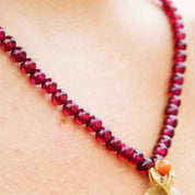 Vintage 14K Gold Carved Orange/White Jade Garnet Bead Pendant Necklace, Dark Purple Garnet Beads, 14K Filigree Clasp & Pendant Bail, 19" L