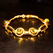 Vintage 14K Gold Link Bracelet W Green Glass Quartz, 4 Round Bezel-Set Green Glass Quartz, Spring Ring Clasp, Security Chain, 7 1/4" Long
