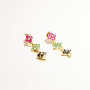 Vintage 14K Gold Jeweled Flower Pierced Dangle Earrings, Faceted Pink Green & Blue Stones, Tiered Yellow Prong Settings, Cute Earrings, 30mm