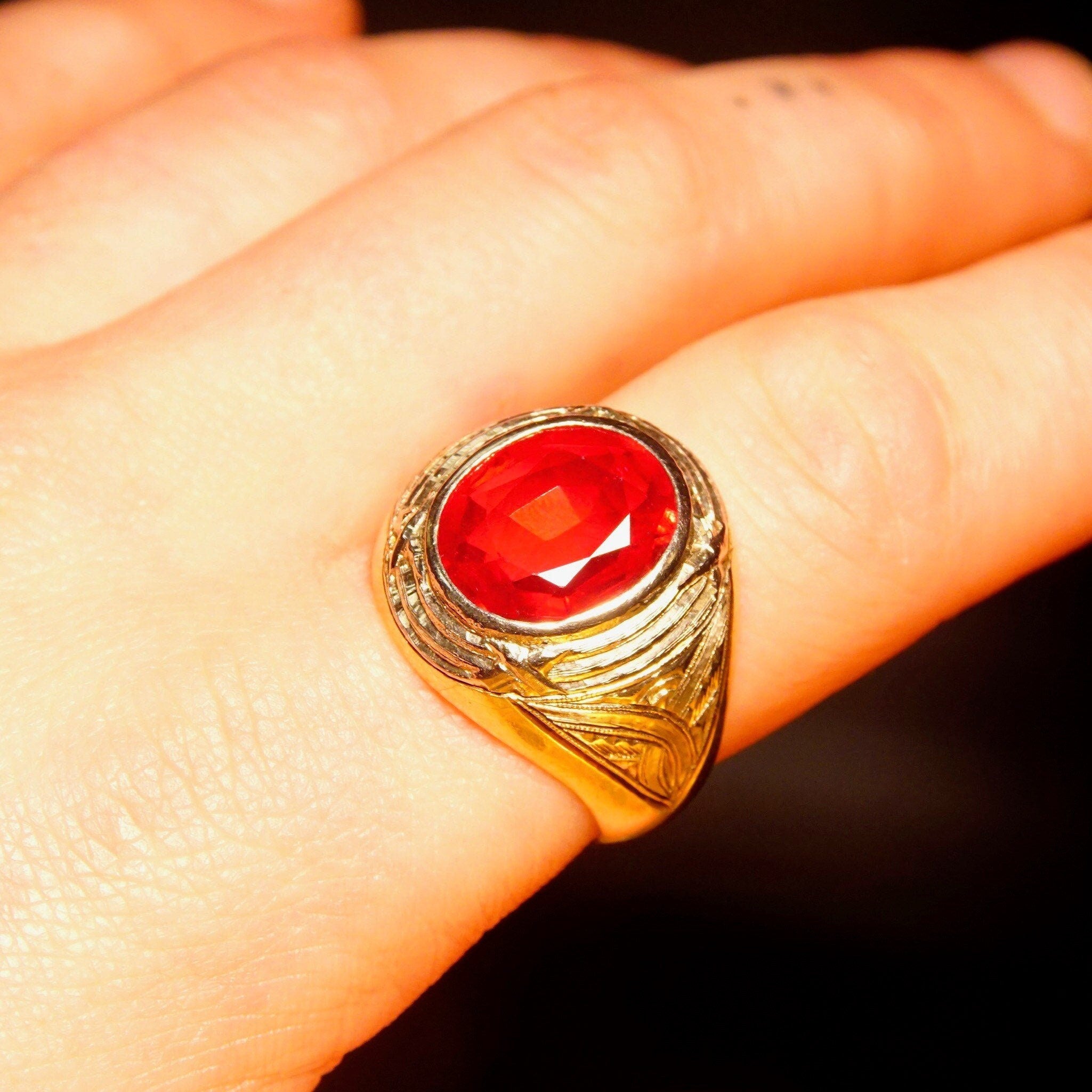 Vintage 14K Gold Ruby Glass Ring, Men's Yellow & White Gold Estate Ring W Synthetic Ruby Stone, Etched White Gold Ring, Size 11.5 US