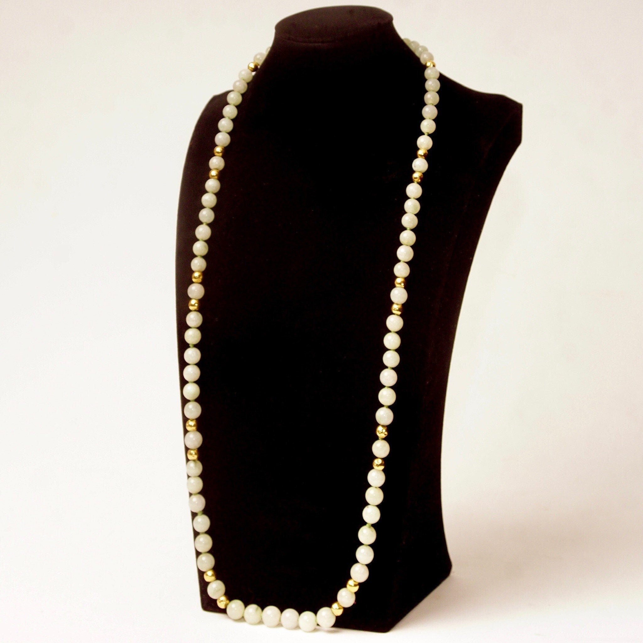 Vintage 14K Nephrite Jade Knotted Bead Necklace, Polished 9mm Round Jade Beads, 7mm Gold Crinkle Bead Accents, Layered Beads, 33 1/2" L