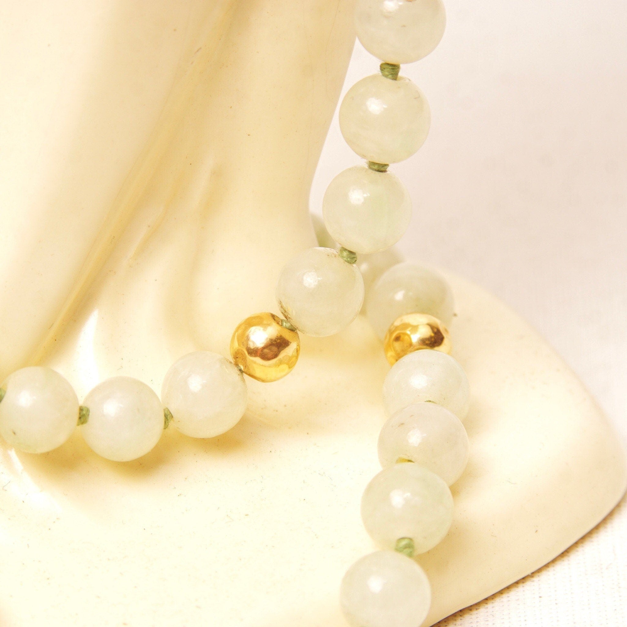 Vintage 14K Nephrite Jade Knotted Bead Necklace, Polished 9mm Round Jade Beads, 7mm Gold Crinkle Bead Accents, Layered Beads, 33 1/2" L