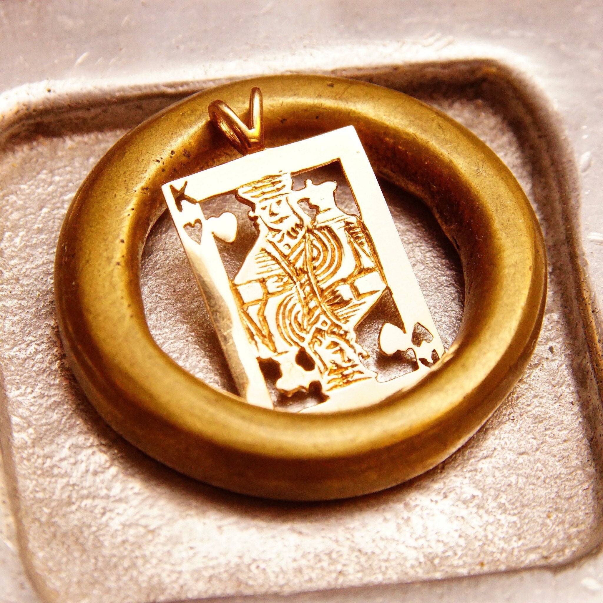 Vintage 14K Solid Gold King Of Hearts Pendant, Polished Yellow Gold, Cutout Design, Split Gold Bail, Cute Mini Pendant, 29mm x 17mm